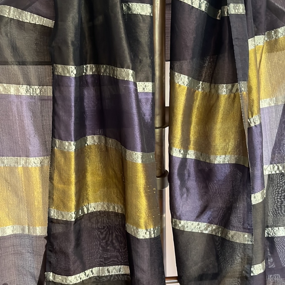 Purple Gold Black Silver Striped Fringed Silk Scarf